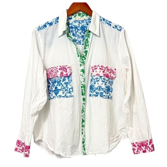 Roberta Roller Rabbit Button Down Shirt Cotton White Floral Tropical EUC Size L - Picture 1 of 9